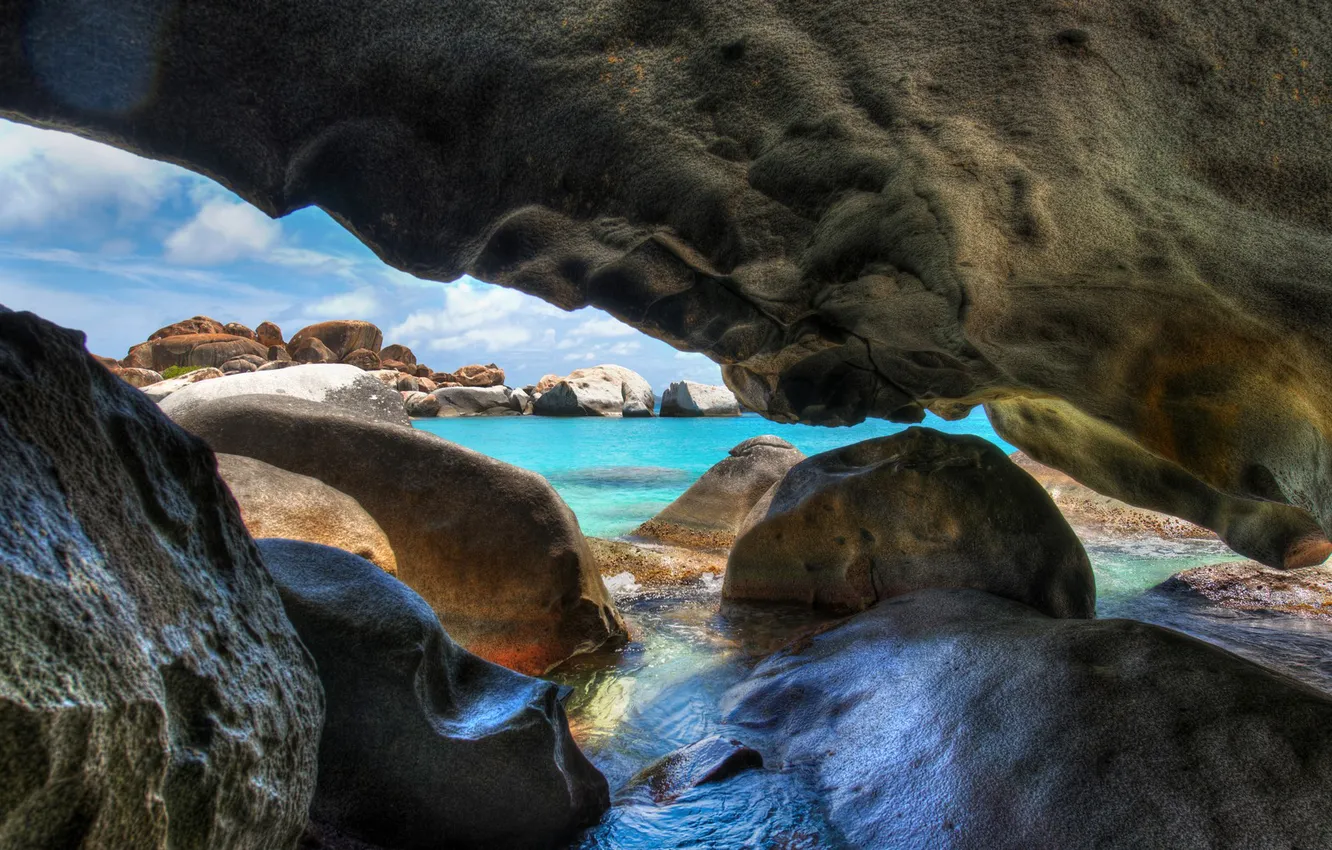 Photo wallpaper sea, the sky, stones, rocks, HDR, the grotto, arch