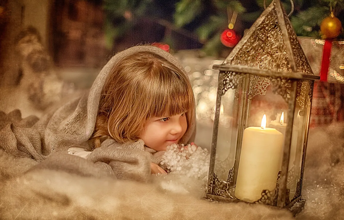 Photo wallpaper new year, child, Christmas, candle, girl