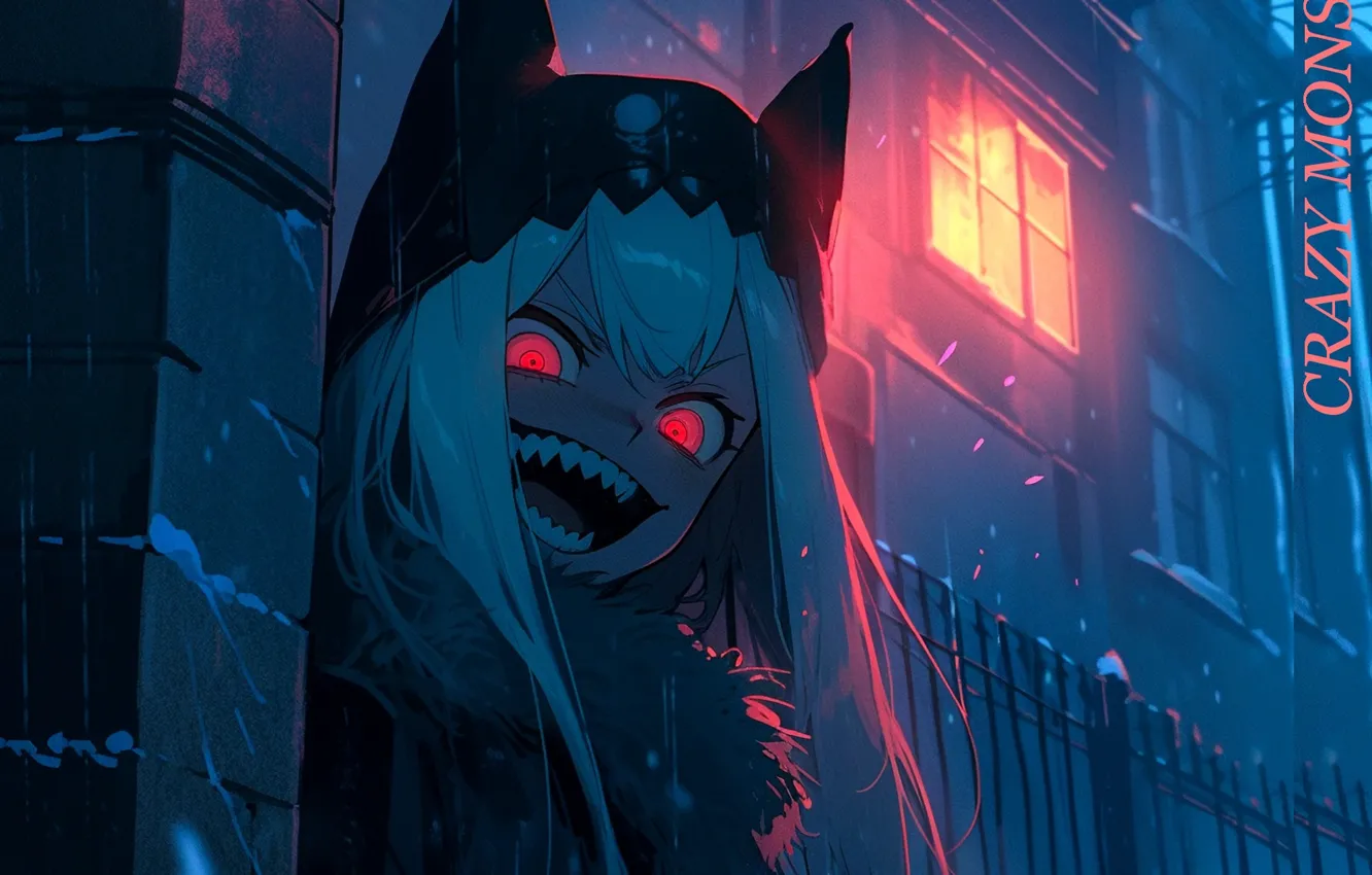 Photo wallpaper cold, monster, mouth, fangs, baby, from the corner, burning eyes, crazy