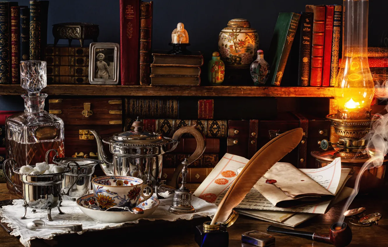 Photo wallpaper letter, style, retro, photo, lamp, tube, feathers, kettle