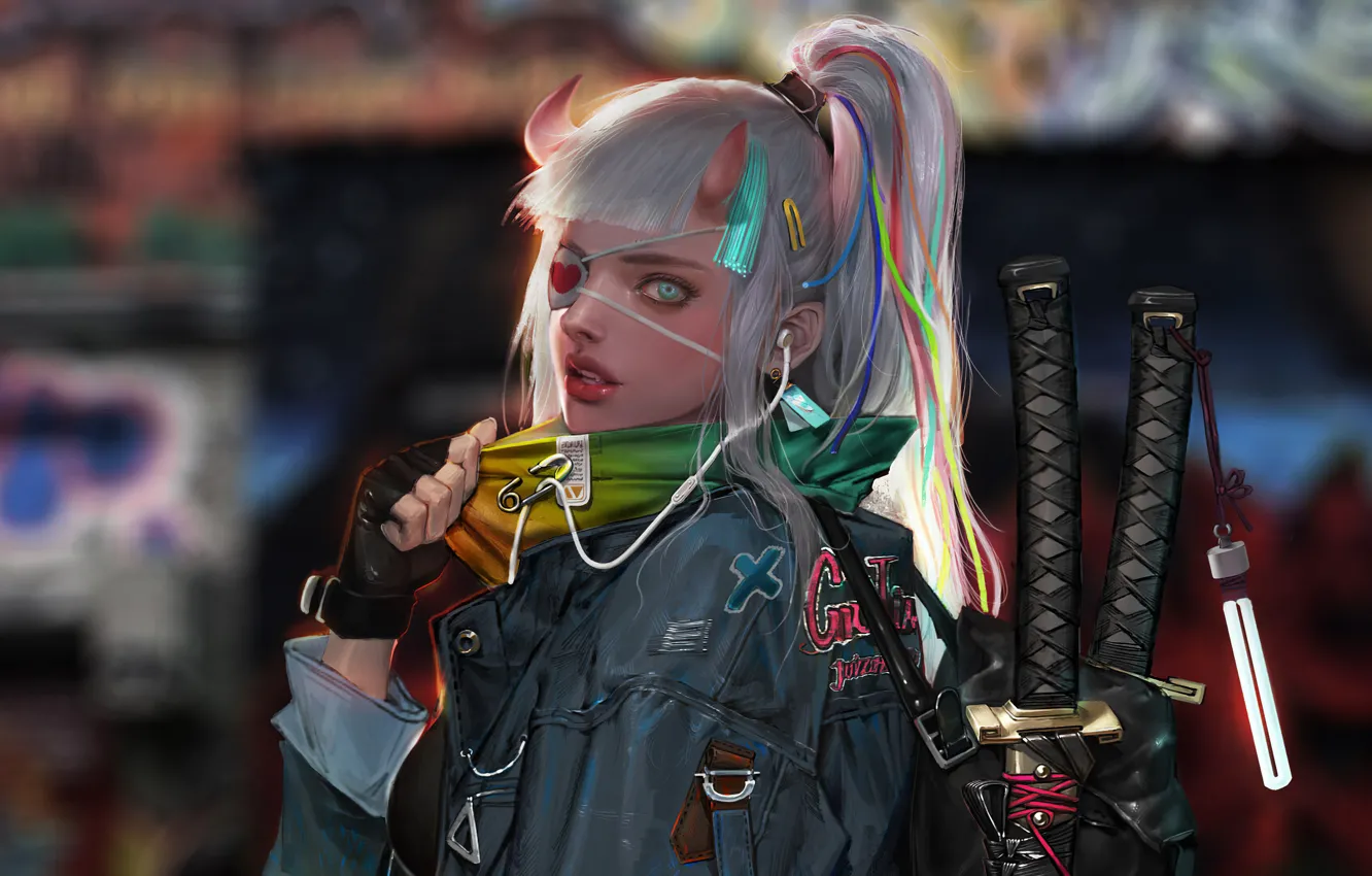 Photo wallpaper look, girl, night, face, style, fiction, model, sword