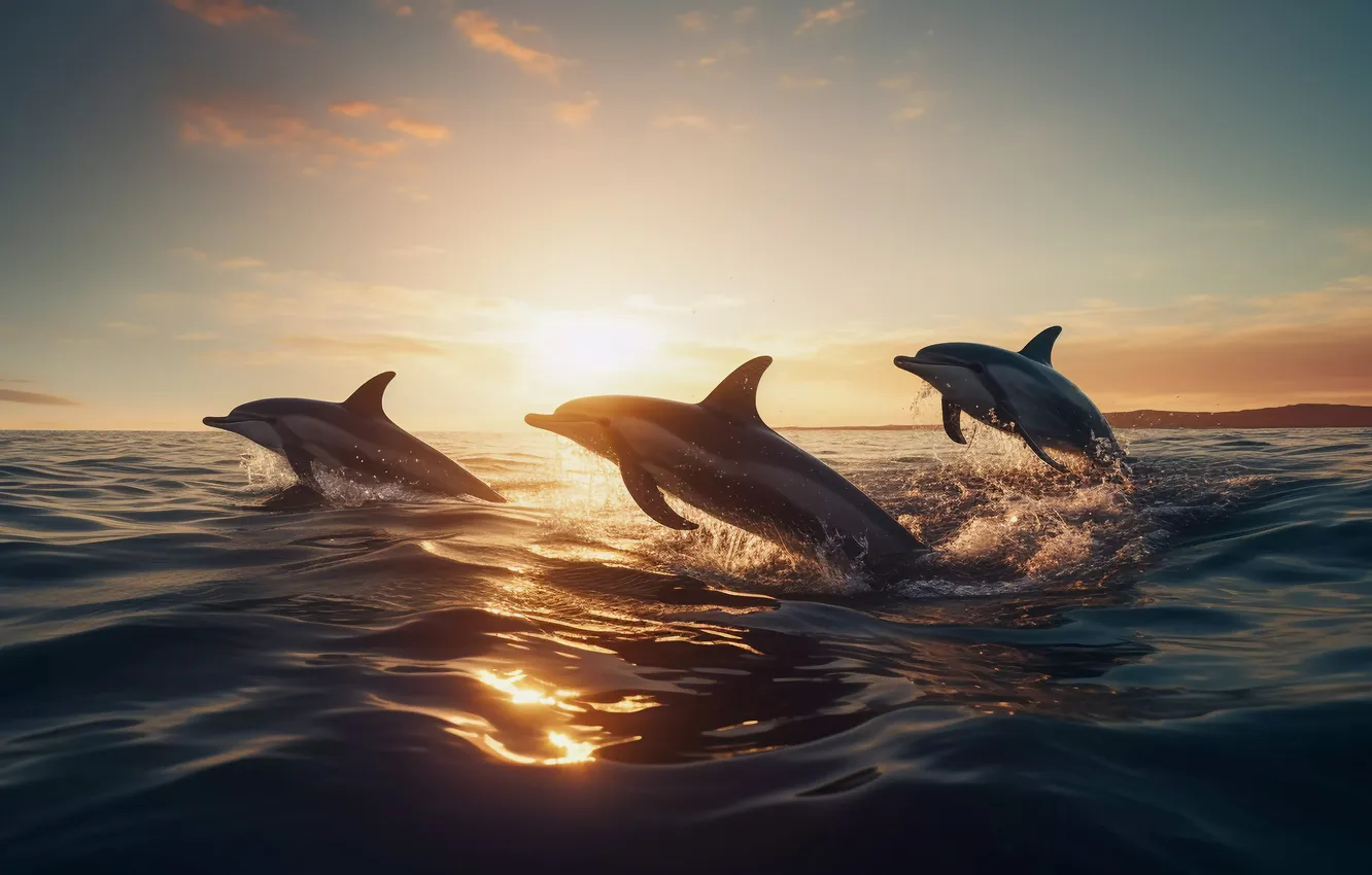 Photo wallpaper sea, water, dawn, jump, dolphins, three, digital art, AI art