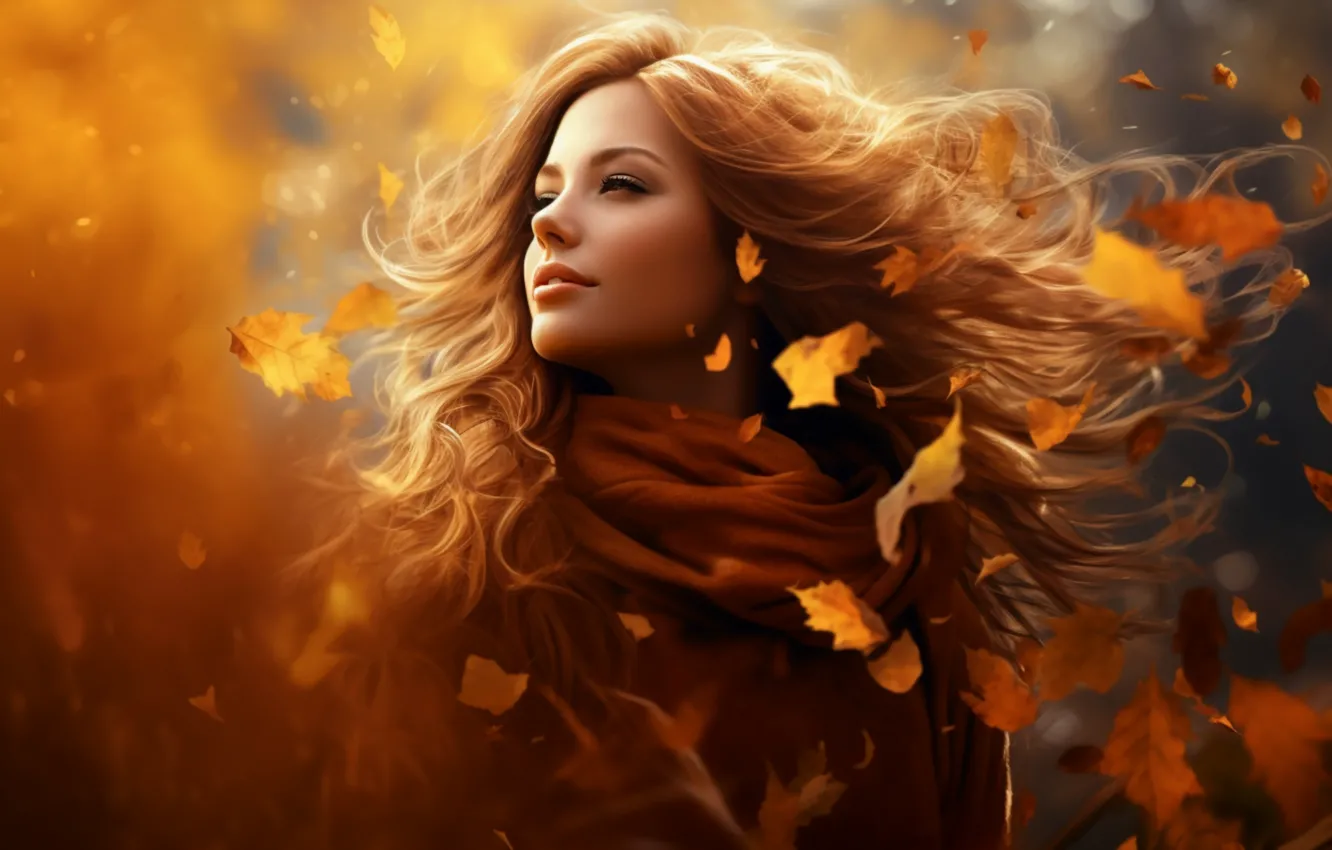 Photo wallpaper autumn, look, girl, the wind, hair, portrait, scarf, walk