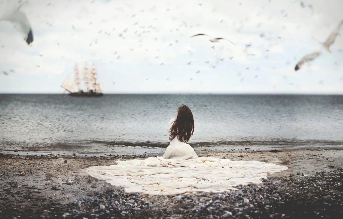 Photo wallpaper sea, water, girl, bird, ship, seagulls, dress