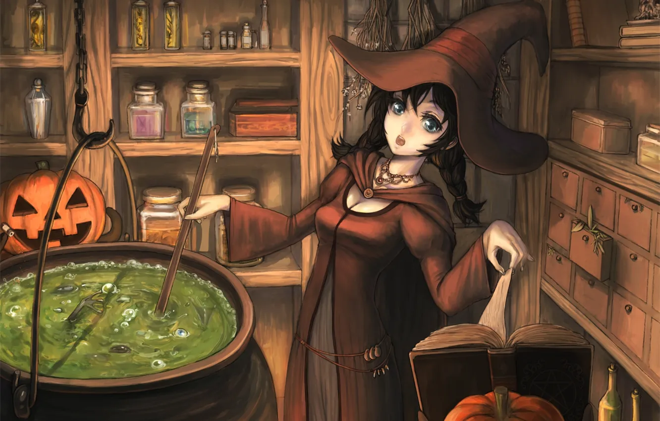 Photo wallpaper girl, hat, pumpkin, book, witch, halloween, boiler, brew