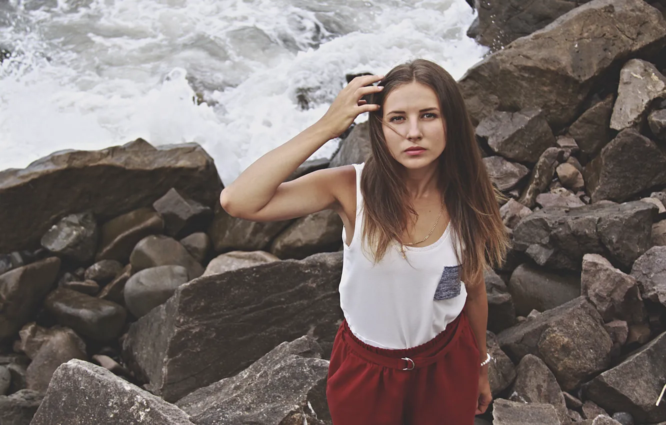 Photo wallpaper girl, stones, sweetheart, portrait, Mike, waves, brown hair, the beauty