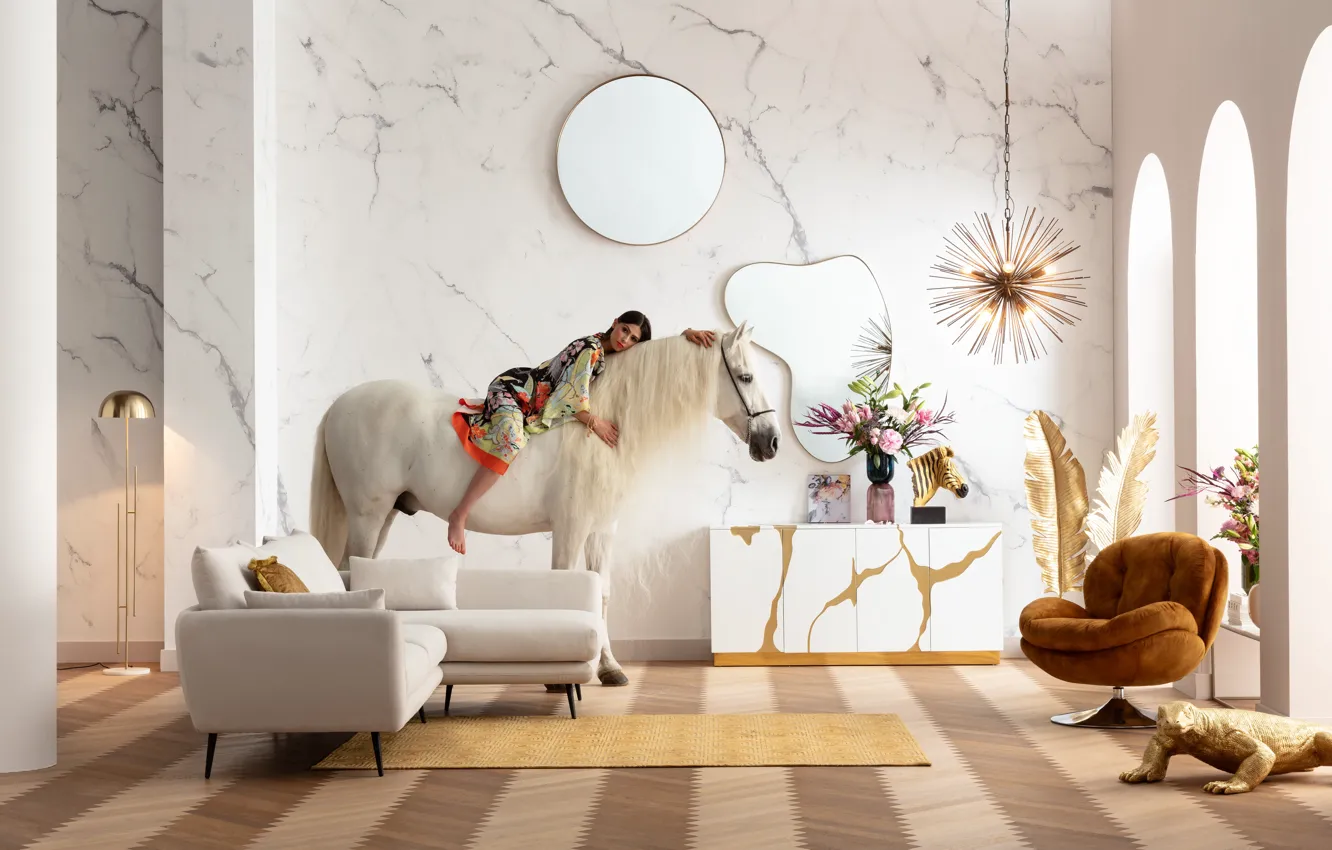Photo wallpaper girl, decoration, room, sofa, animal, carpet, horse, furniture