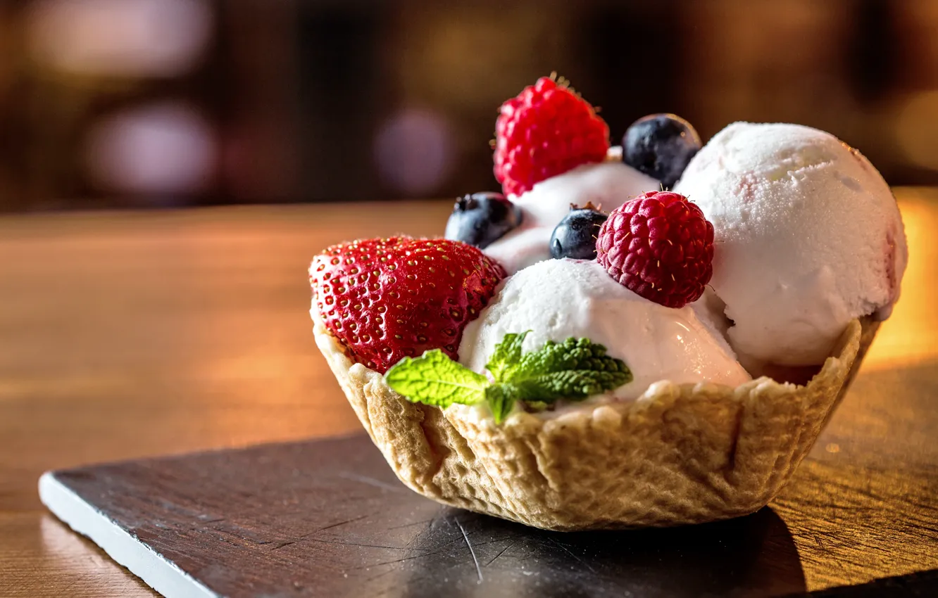 Photo wallpaper berries, raspberry, strawberry, ice cream, basket, dessert, BlackBerry, sweet