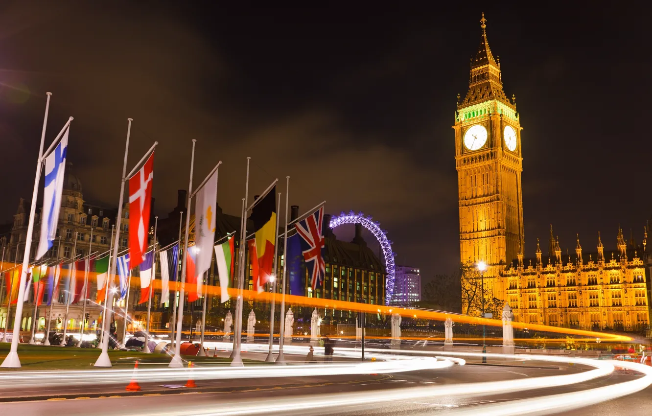 Photo wallpaper road, light, night, lights, England, London, flag, UK