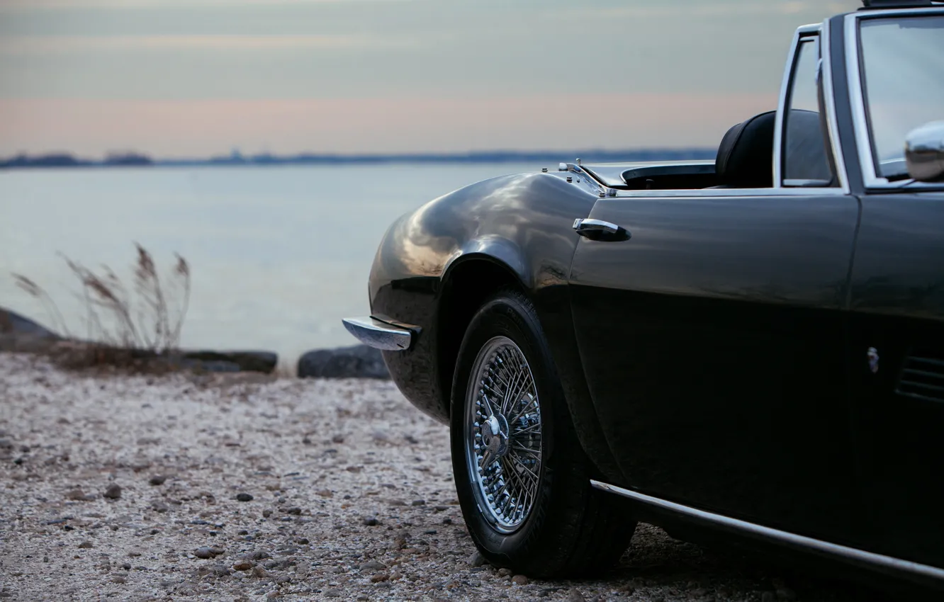 Photo wallpaper black, Maserati, the door, 1969, Roadster, body, spider, on the shore