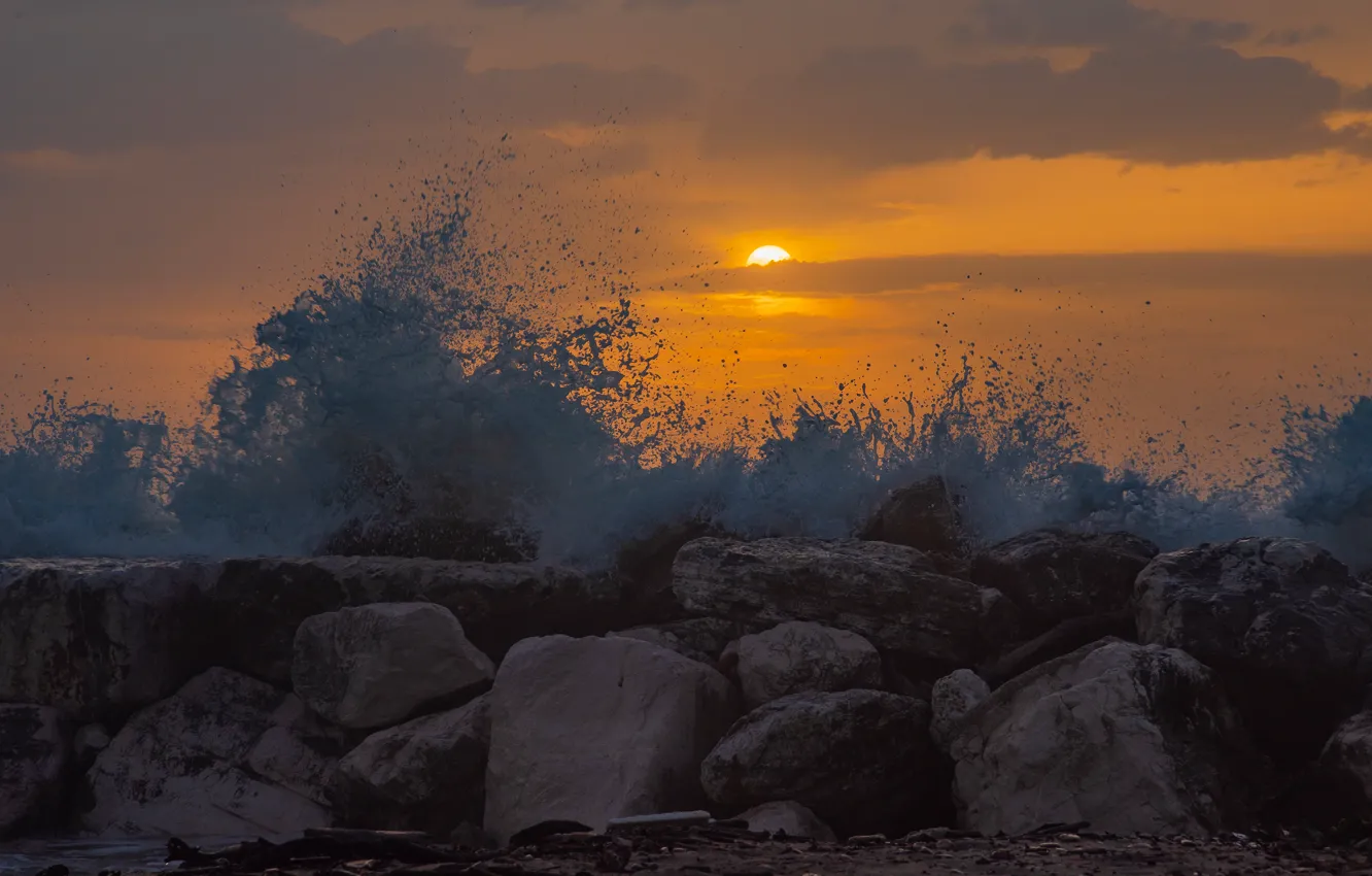 Photo wallpaper sea, wave, sunset, stones, surf