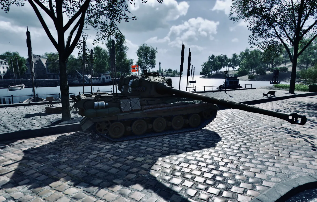 Photo wallpaper HDR, trees, sea, tiger, water, houses, WoT, tank
