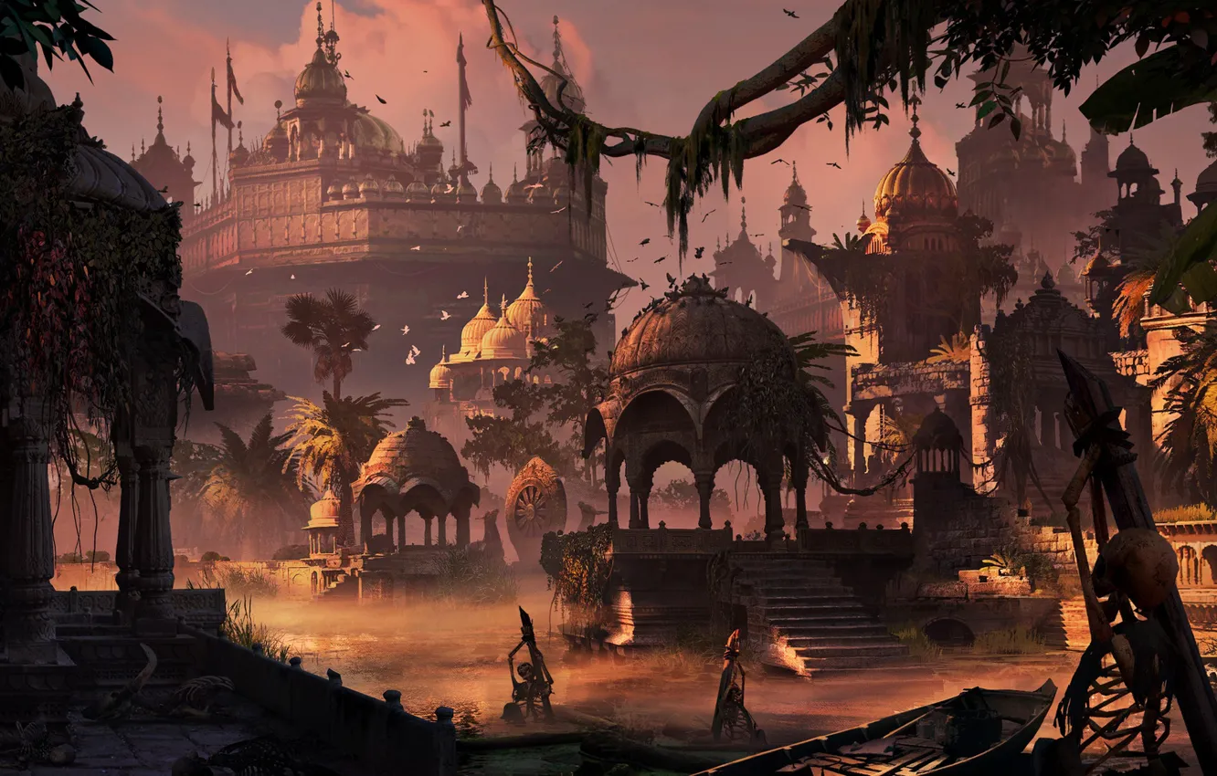 Photo wallpaper the city, boat, construction, pond, Temples of different ages