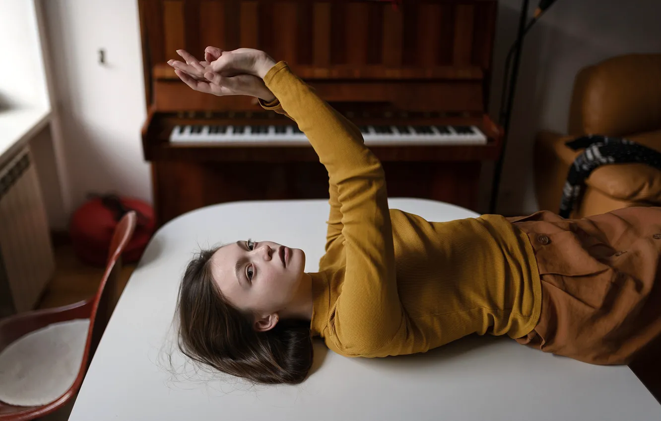 Photo wallpaper look, pose, room, model, skirt, portrait, makeup, hairstyle