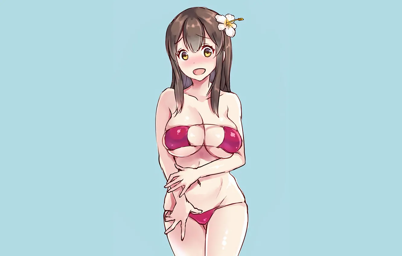 Photo wallpaper girl, sexy, cleavage, long hair, brown hair, boobs, anime, beautiful