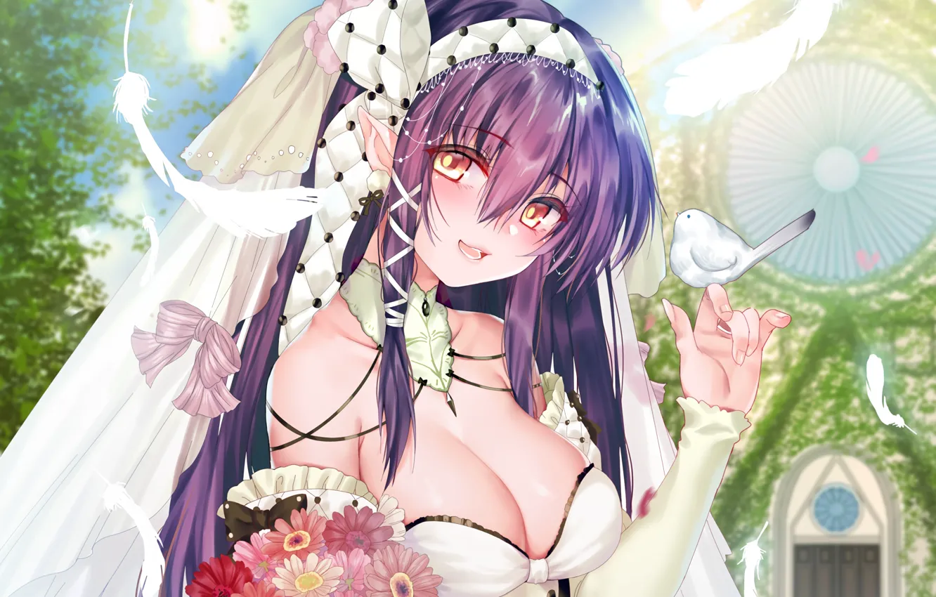 Photo wallpaper girl, sexy, cleavage, long hair, dress, boobs, bird, anime