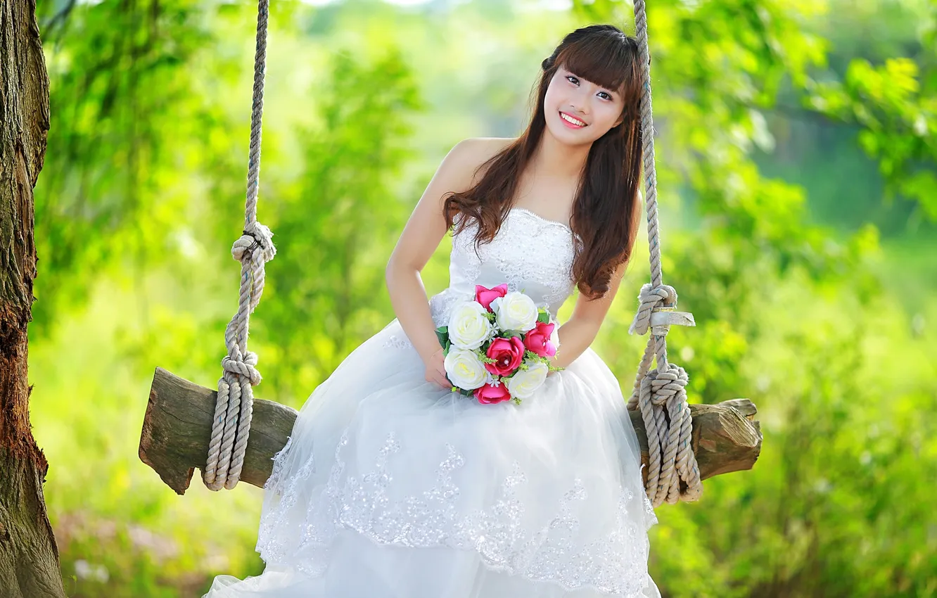 Photo wallpaper girl, flowers, swing
