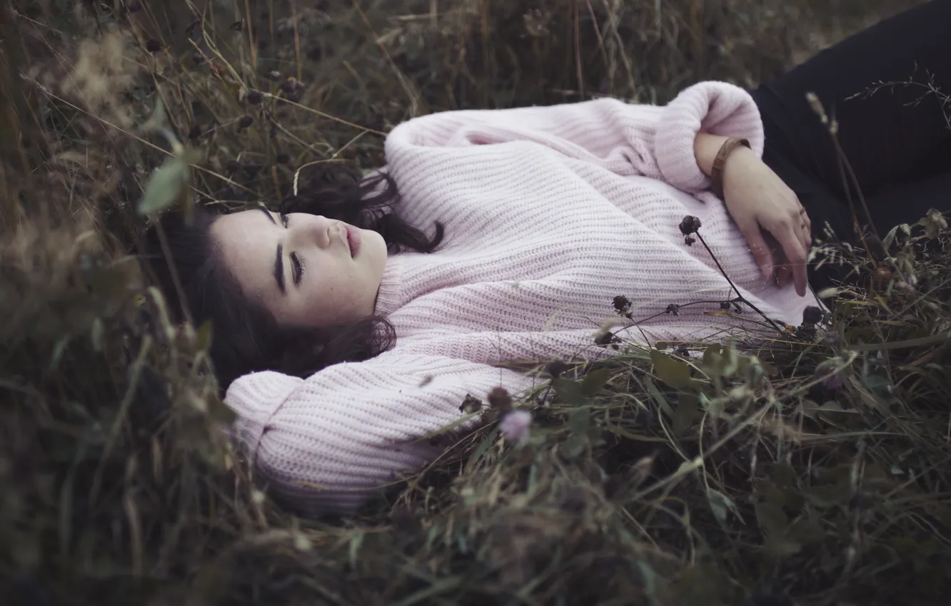 Photo wallpaper grass, girl, lies, sweater