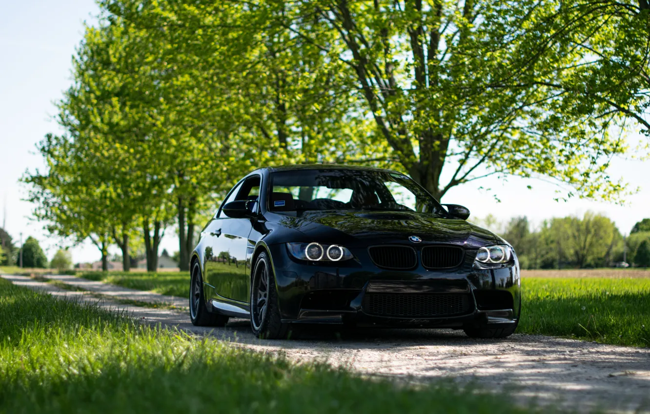 Photo wallpaper Black, E92, M3, Daytime Running Lights, Country road