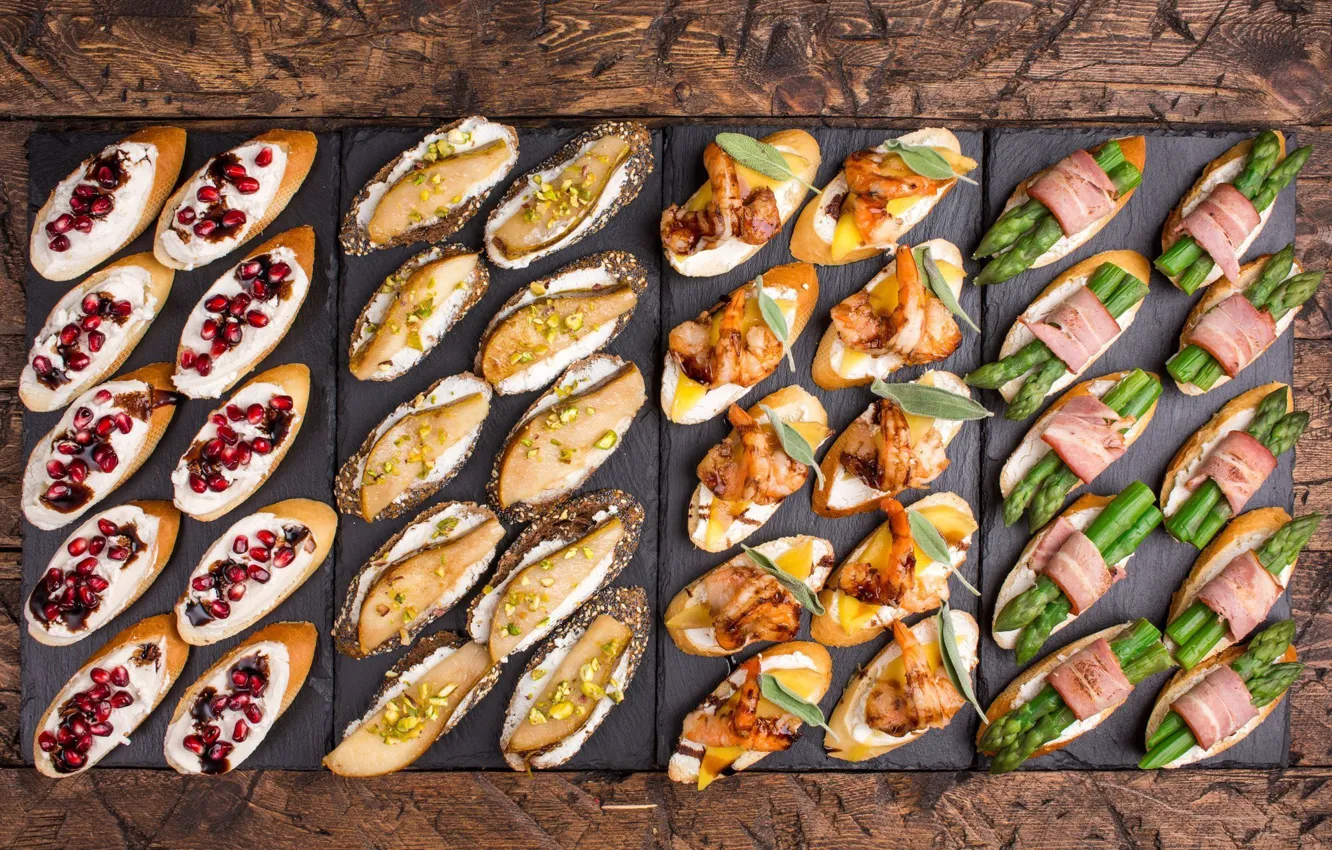 Photo wallpaper cheese, pear, garnet, bacon, shrimp, sandwiches, cuts, asparagus