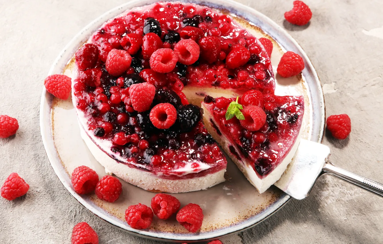 Photo wallpaper berries, raspberry, ice cream, cake, dessert, vein