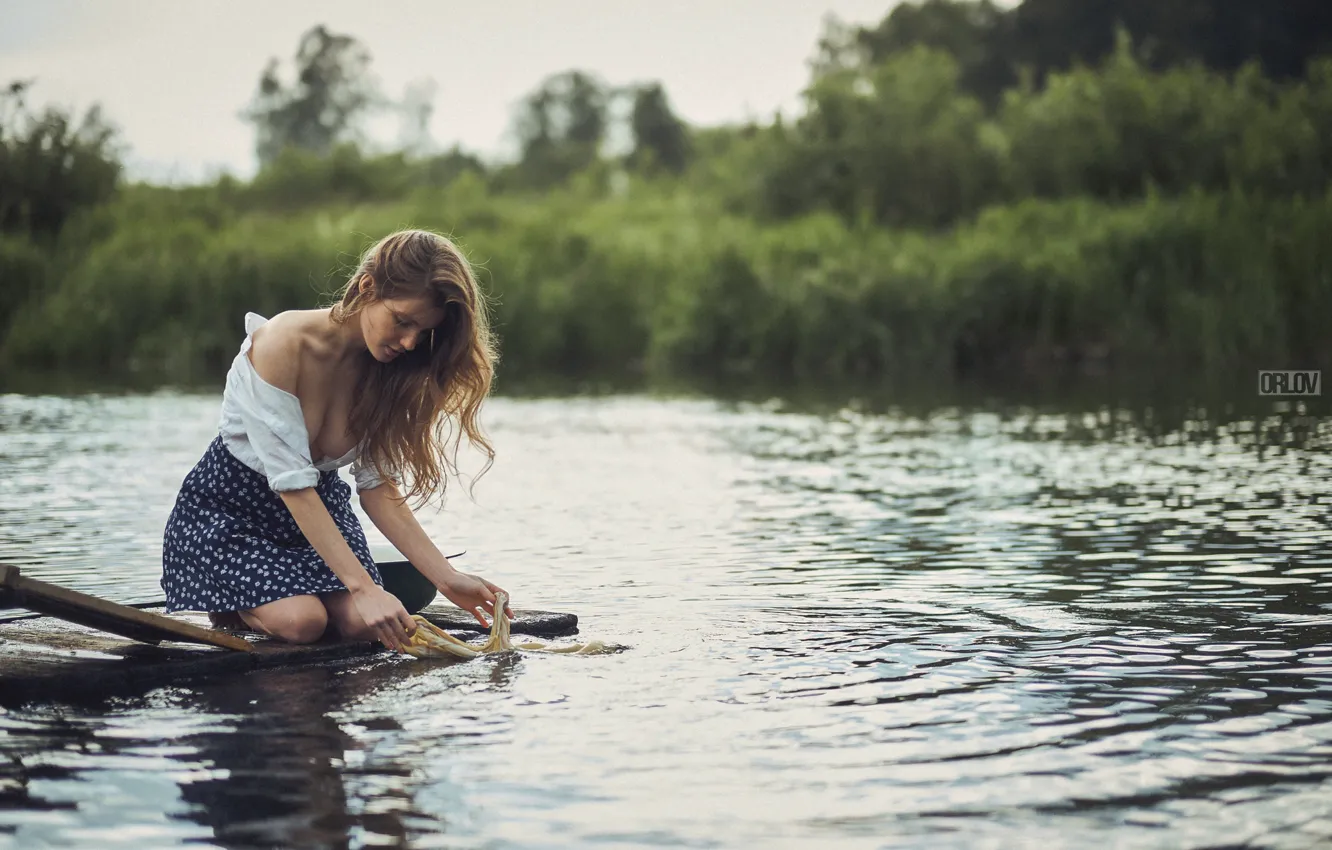Photo wallpaper water, girl, hair, skirt, wash, Anya Fedotova, Nikita Orlov