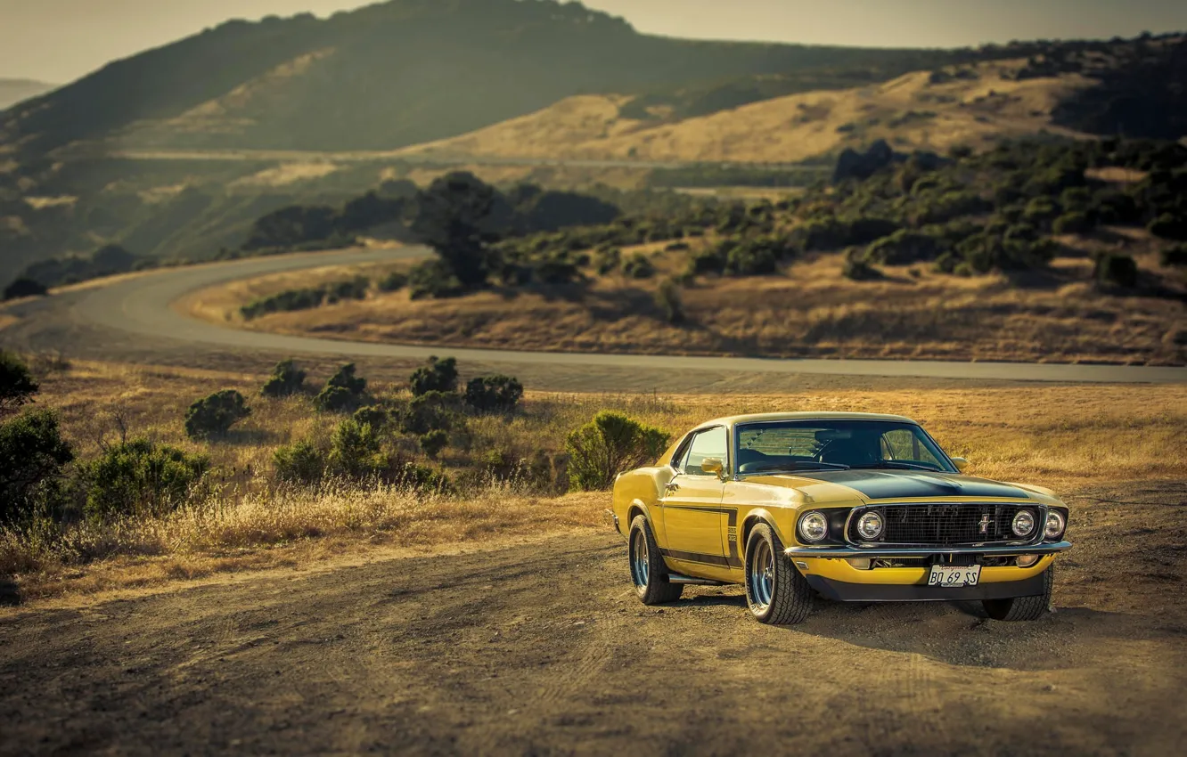 Photo wallpaper yellow, Mustang, Ford, Mustang, 1969, muscle car, Ford, yellow