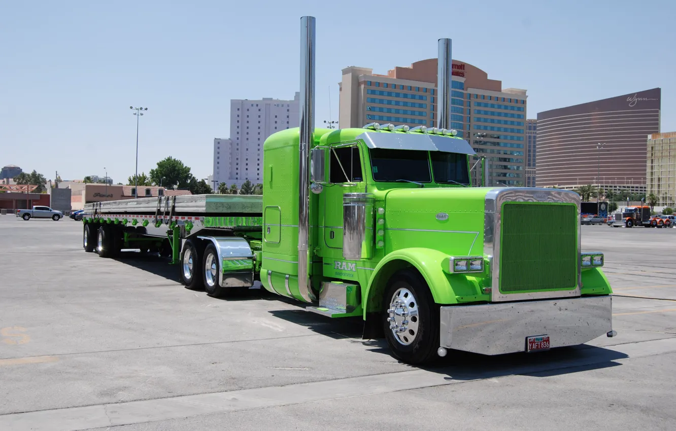 Photo wallpaper Green, Truck, Peterbilt, Tractor Truck, Flatbed Trailer, RAM