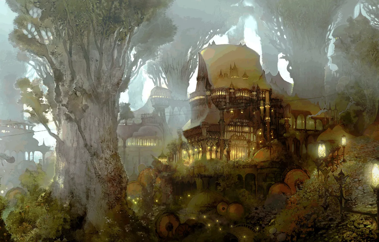 Photo wallpaper forest, castle, home, art, lights, antiquity, path, the halls