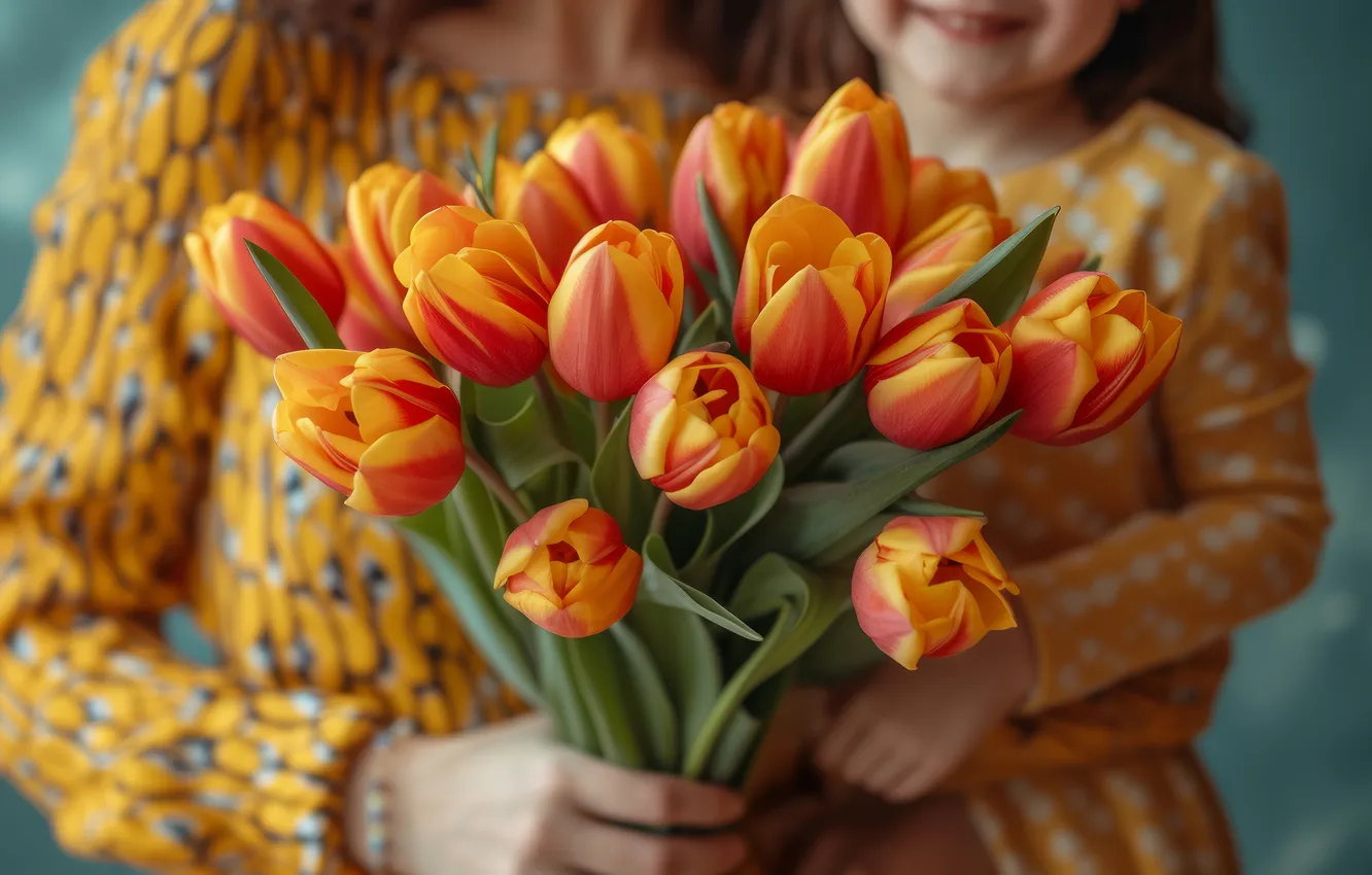 Photo wallpaper flowers, holiday, bouquet, spring, tulips, AI art, universal holiday background, neural network