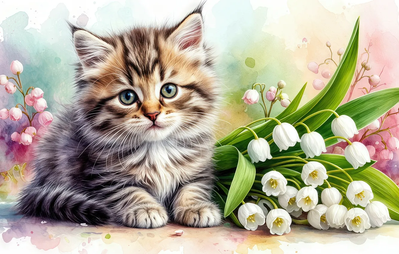 Photo wallpaper animals, kitten, flowers