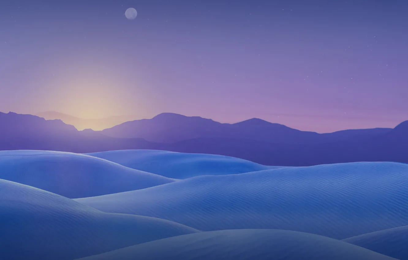 Photo wallpaper Sunset, The sky, Sand, Minimalism, The moon, Hills, Landscape, Dunes