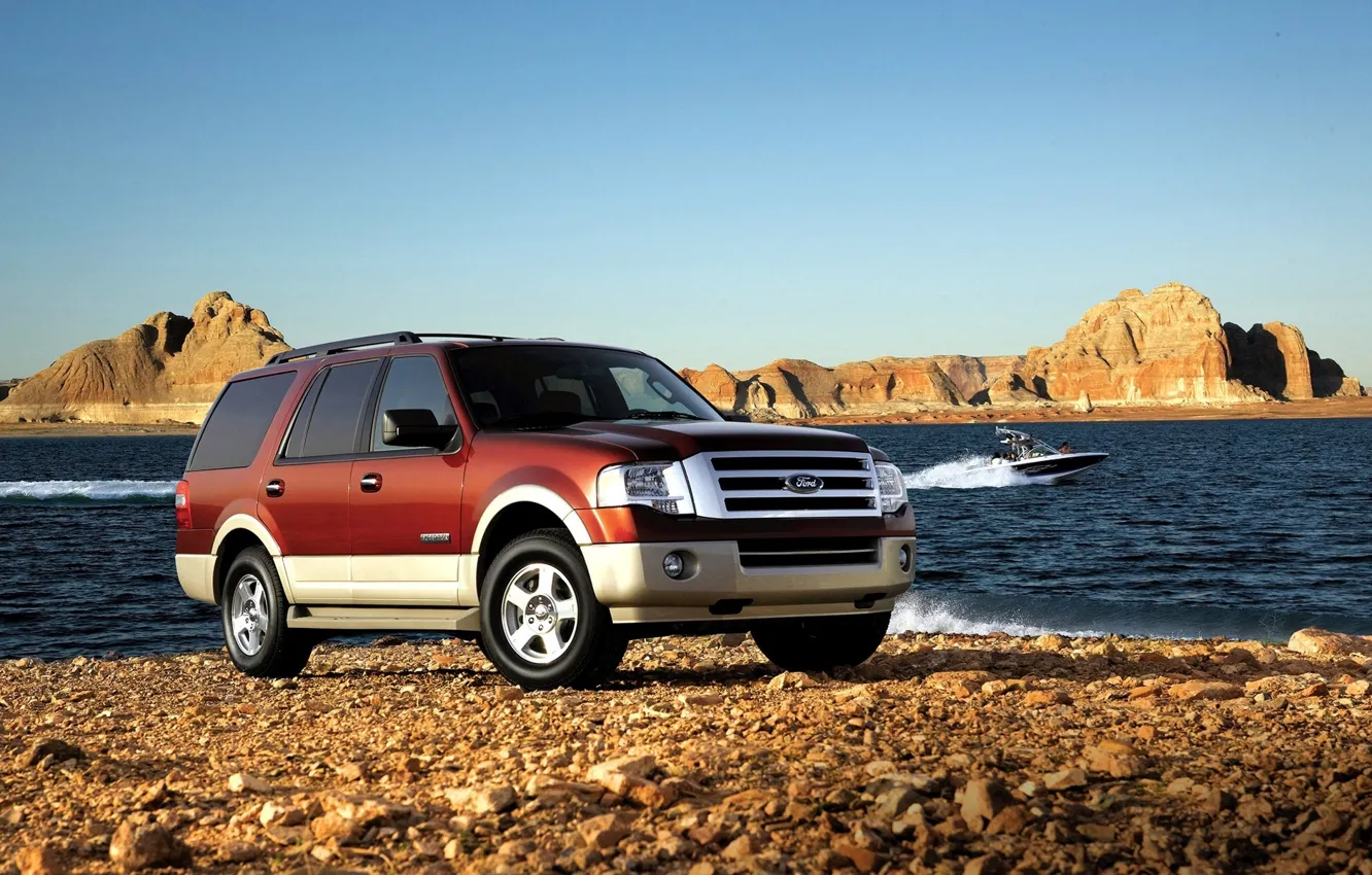 Photo wallpaper sea, Ford, Machine, boat, SUV, journey, nature., Expedition