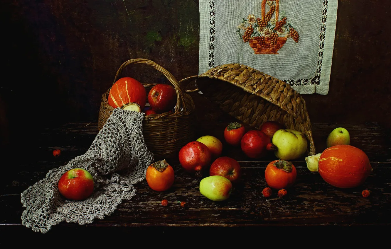 Photo wallpaper apples, food, fruit, still life, basket, items, embroidery, garnet