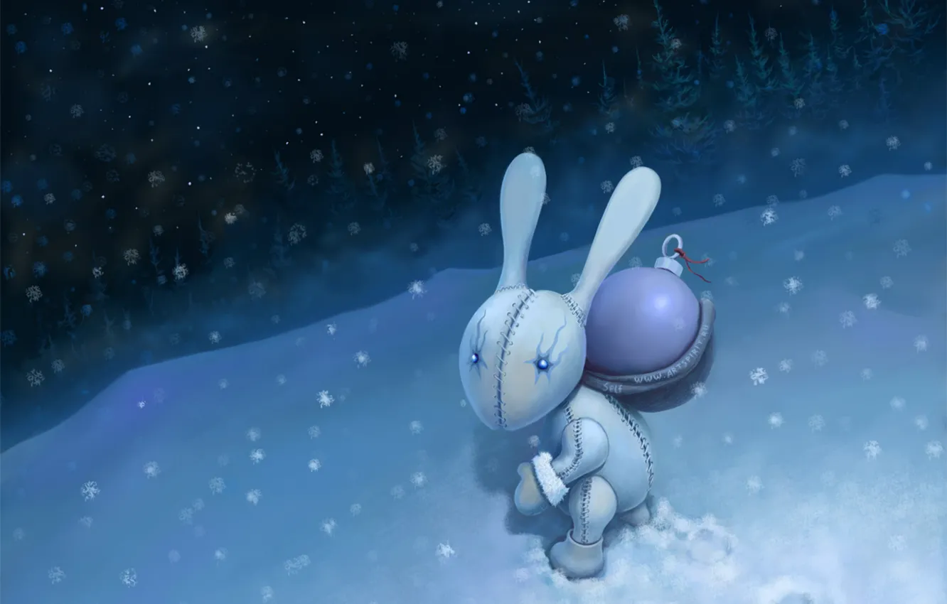 Photo wallpaper snow, night, new year, Bunny