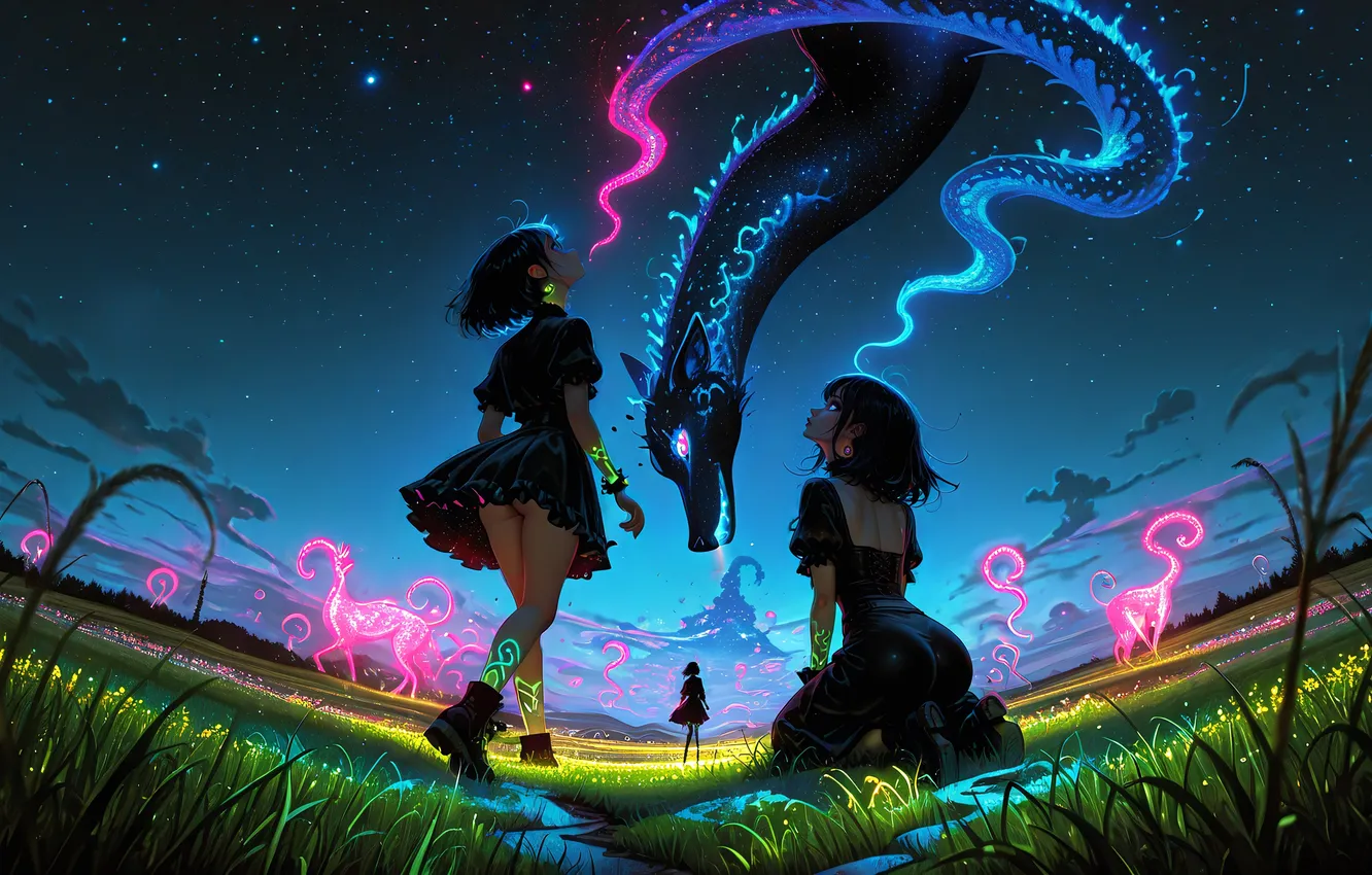 Photo wallpaper girls, night, flowers, stars, Neon, dragon, digital art, artwork