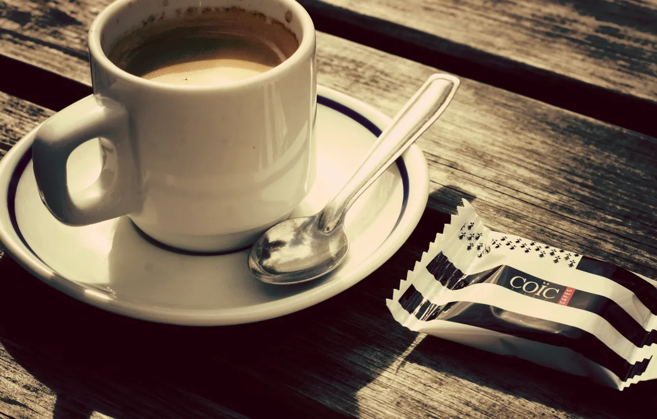 Photo wallpaper table, coffee, spoon, Cup, candy, saucer
