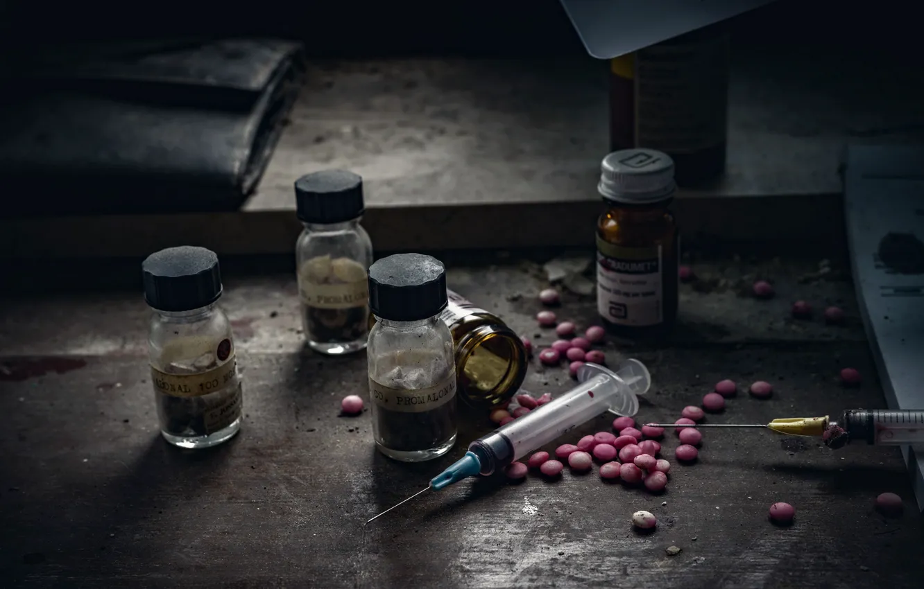 Photo wallpaper background, pills, syringe