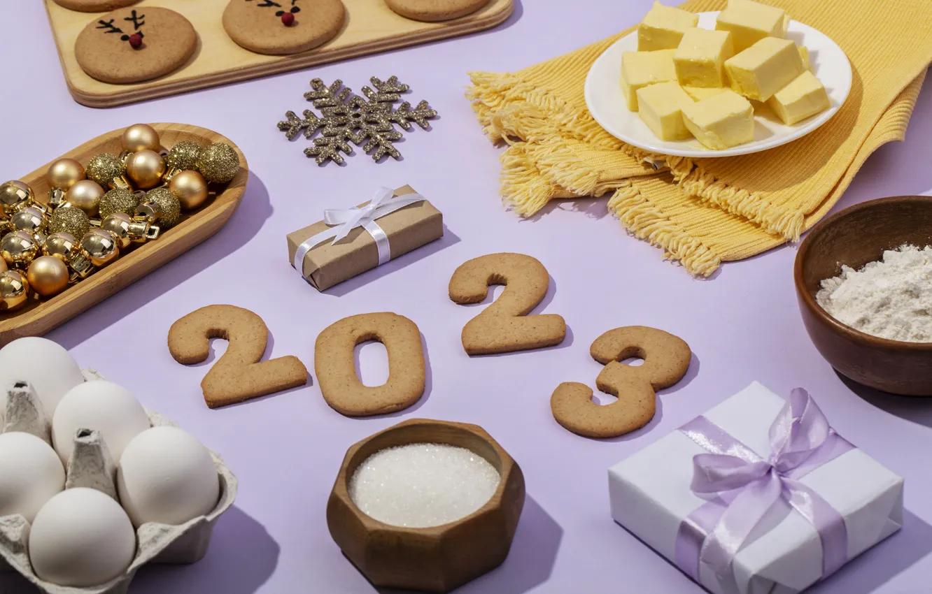 Photo wallpaper balls, snowflakes, table, gift, new year, eggs, scarf, cookies