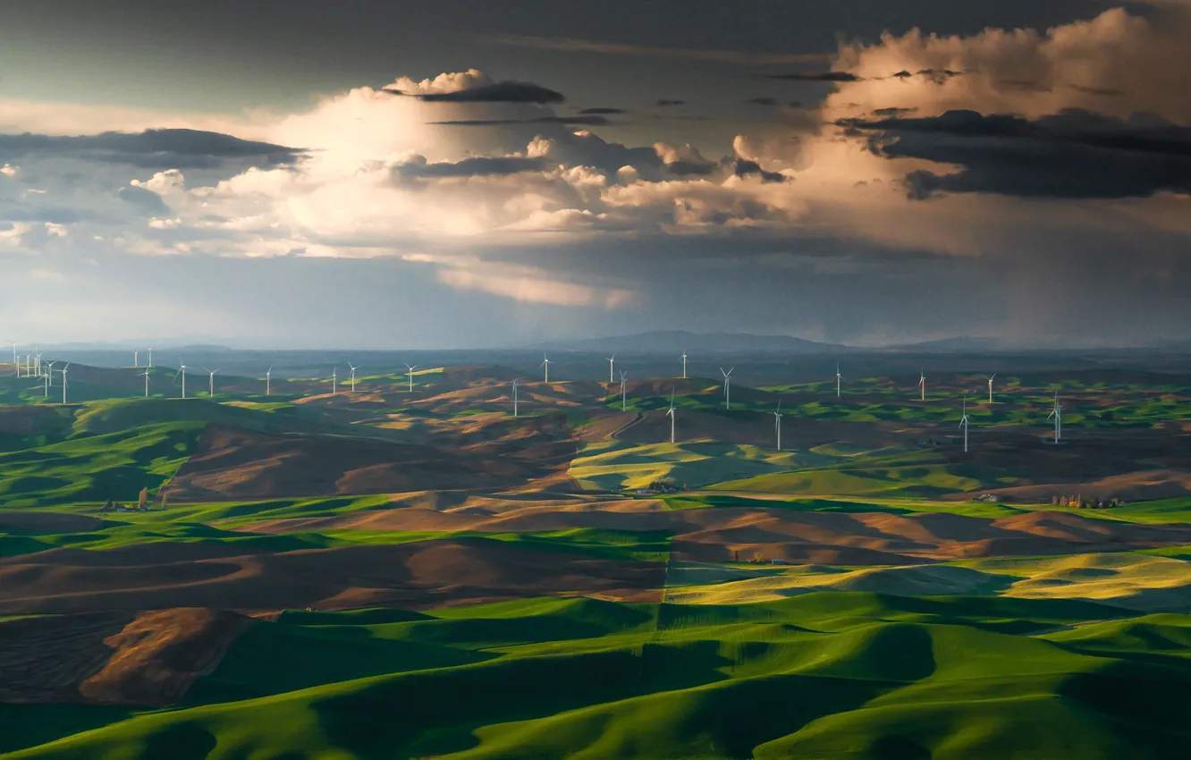 Photo wallpaper field, the sky, dal, meadow, windmills