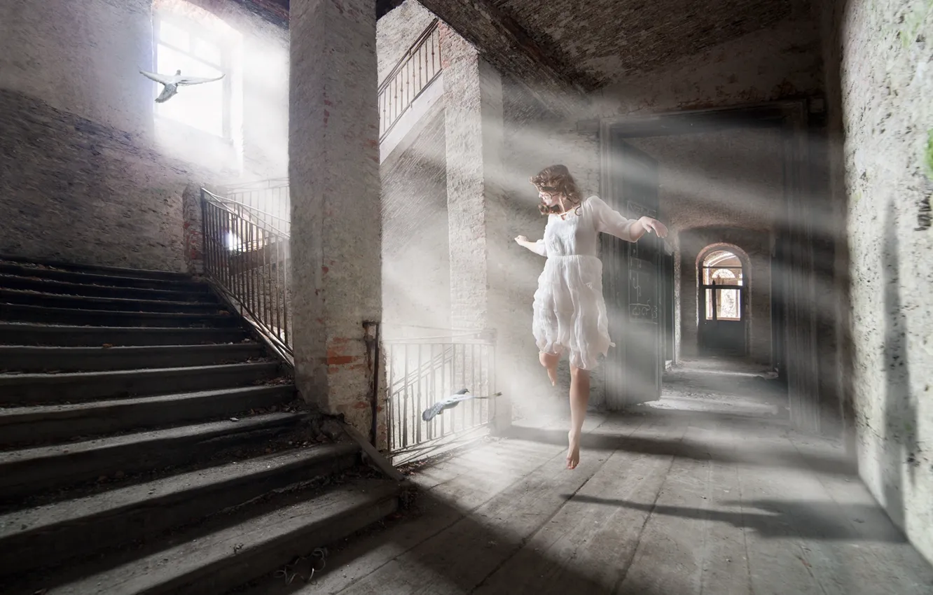 Photo wallpaper girl, rays, light, dress, abandoned house