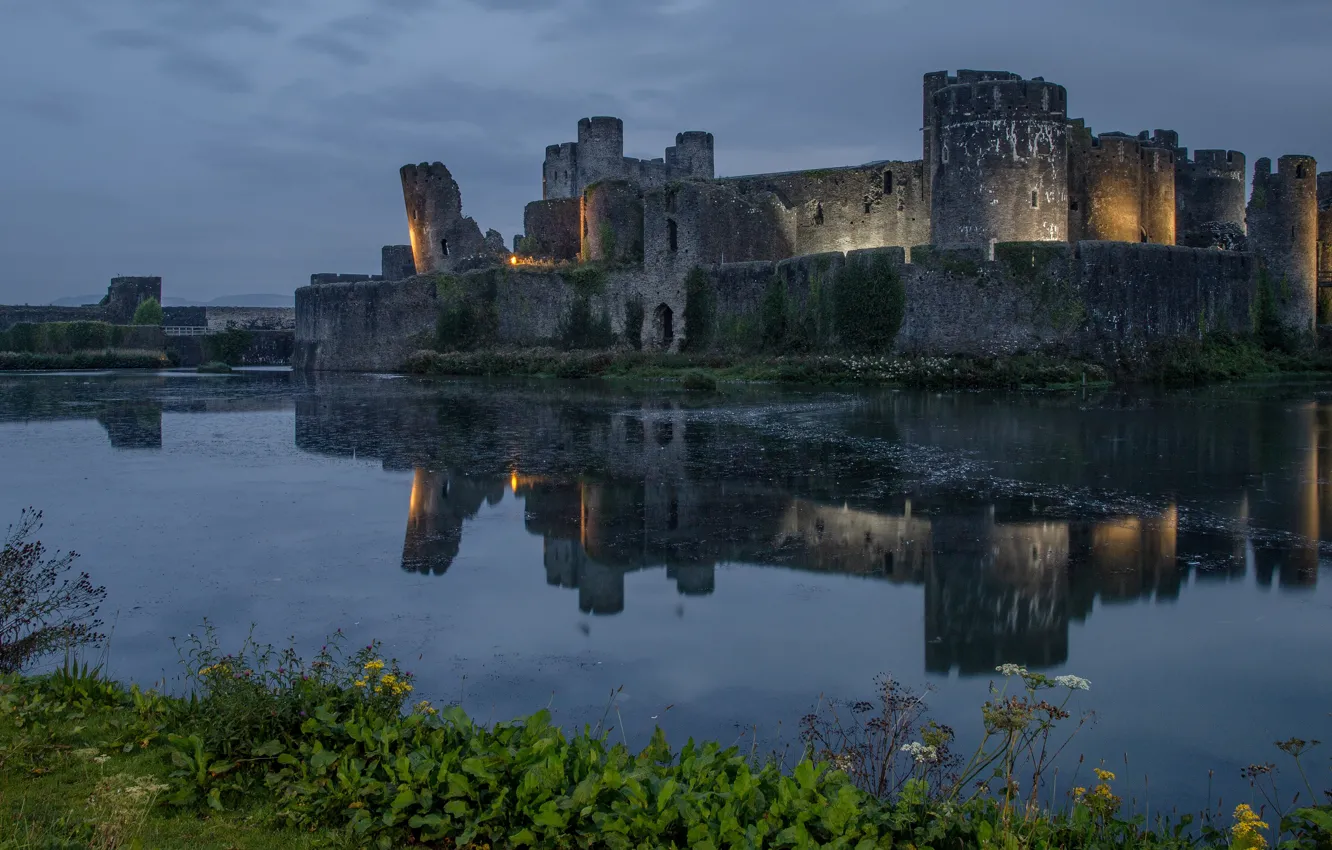 Photo wallpaper reflection, castle, ruins, pond