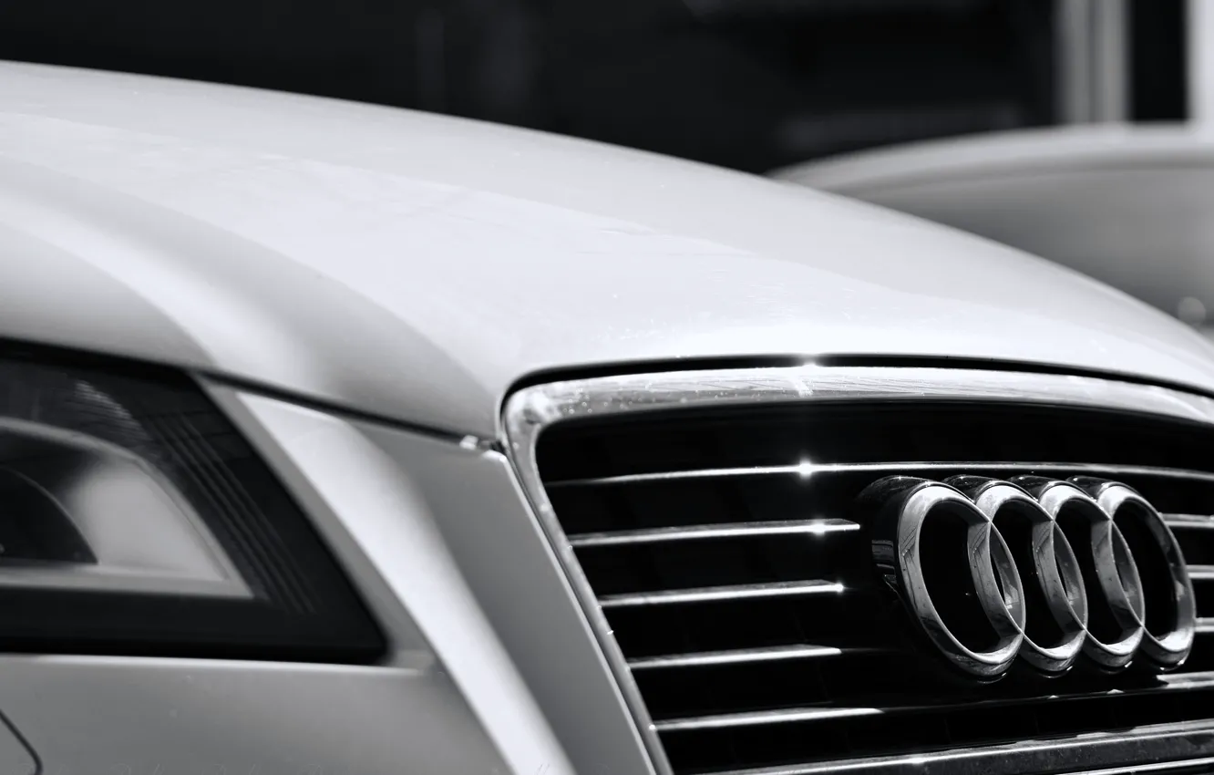 Photo wallpaper glare, Audi, black and white, ring, headlight, grille, white, chrome