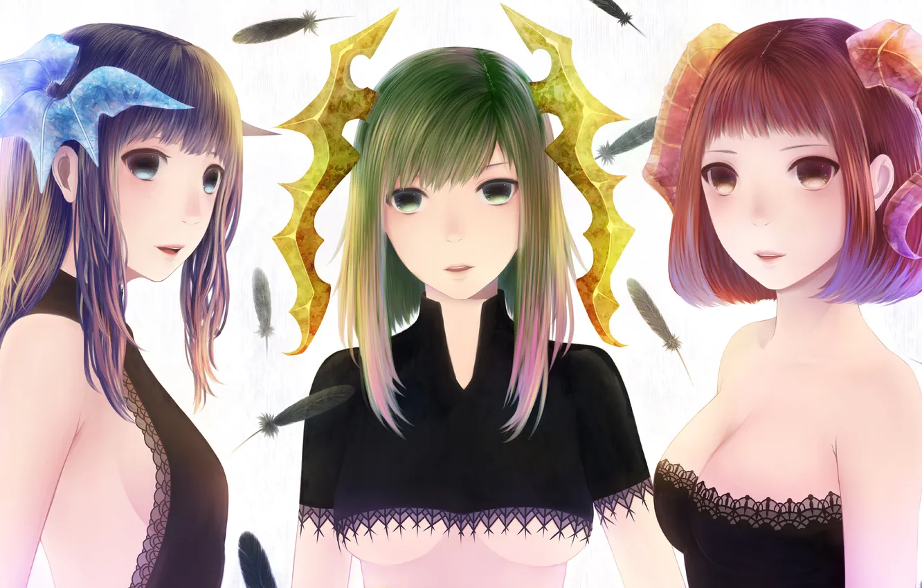 Photo wallpaper chest, girl, anime, feathers, art, horns, bounin