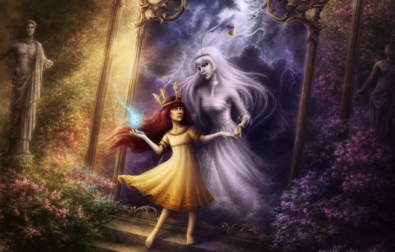 Photo wallpaper lightning, crown, the portal, mirror, art, girl, statue, witch