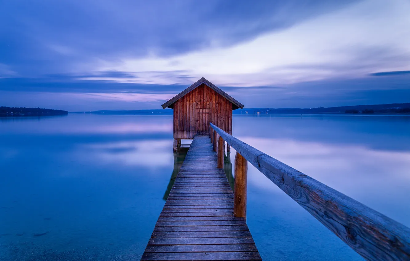 Photo wallpaper the sky, mountains, lake, the evening, pier, house