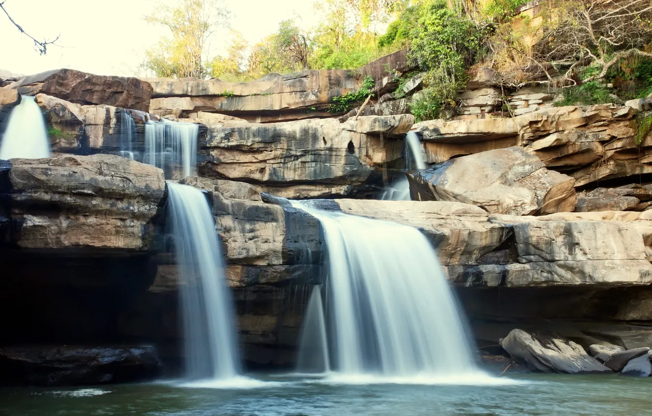 Photo wallpaper forest, stones, waterfall, forest, river, landscape, waterfall, stones