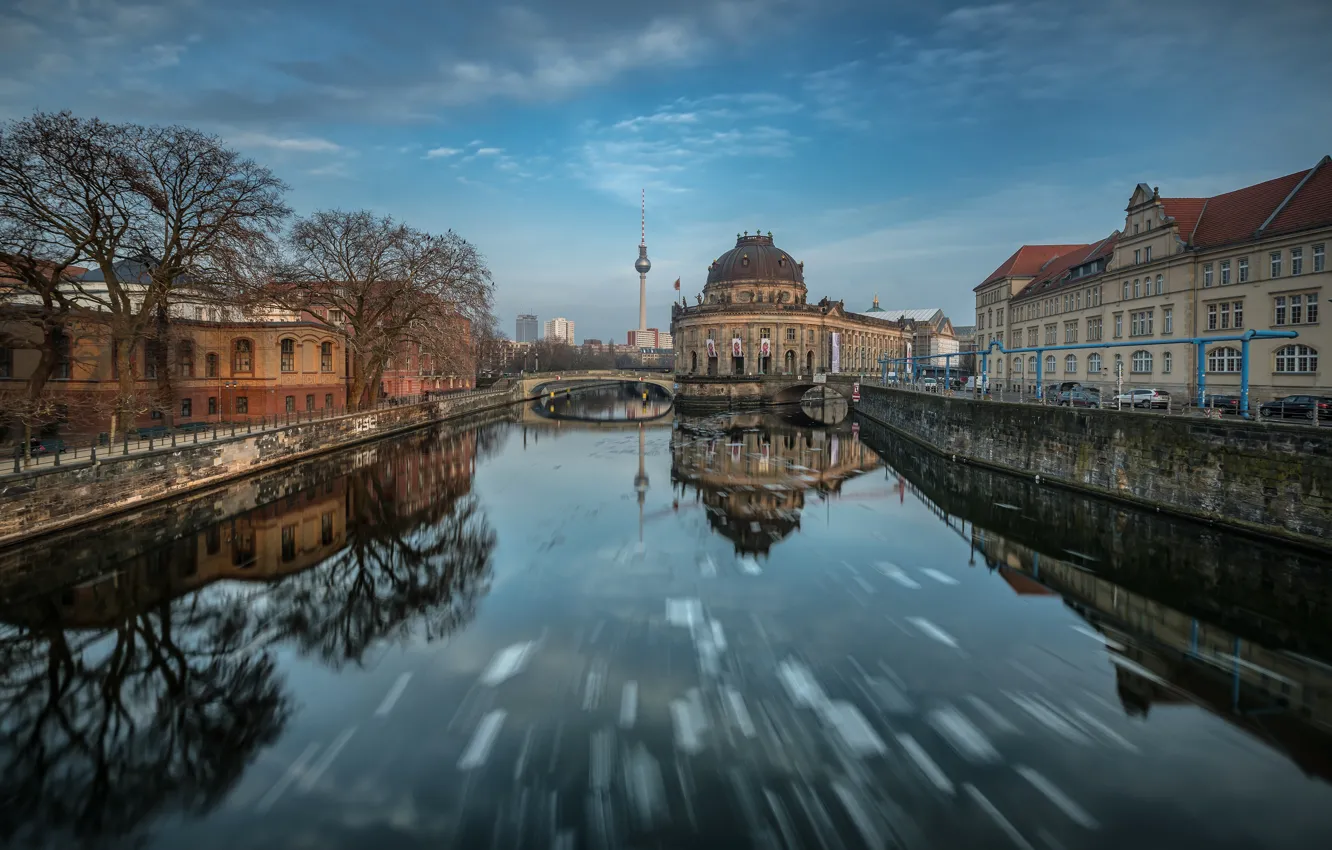 Photo wallpaper the sky, bridge, the city, reflection, river, building, Germany, channel