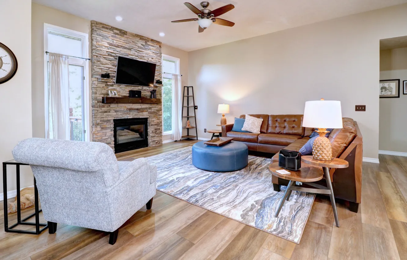 Photo wallpaper design, style, room, interior, fireplace, living room, Coretec premium plus gusto, by Oak Mouery's flooring