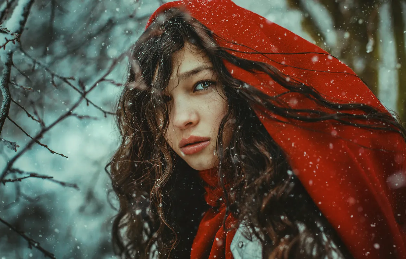 Photo wallpaper winter, look, girl, snow, red, cloak, snowfall, Marketa Novak